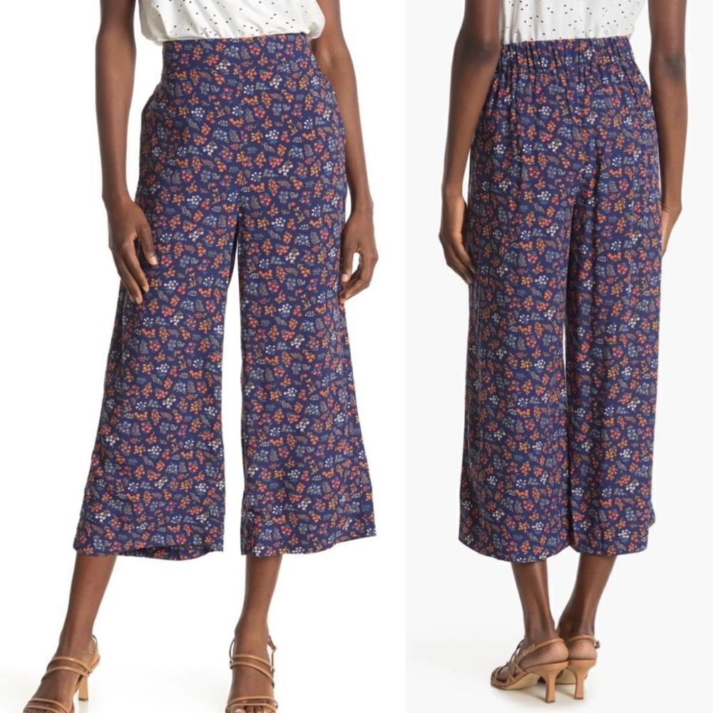 Madewell Women's Blue Floral Crop High-Waisted Wide Leg Casual Pants Size XS